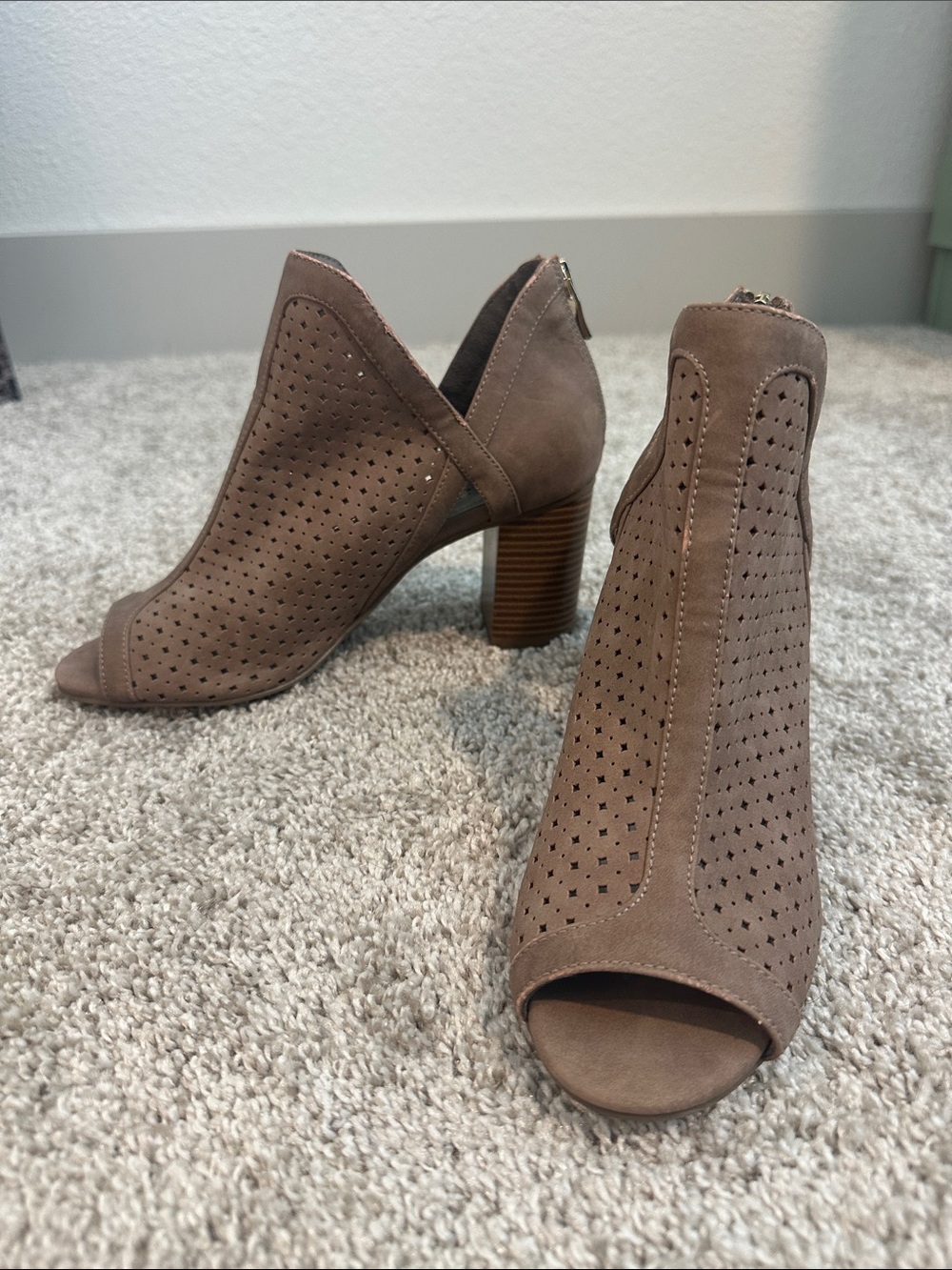 Women’s Taupe Suede Peep-Toe Booties